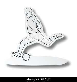 Vector illustration black line hand drawn of soccer player in action on cut paper with shadow isolated on white background. Paper art. Stock Vector