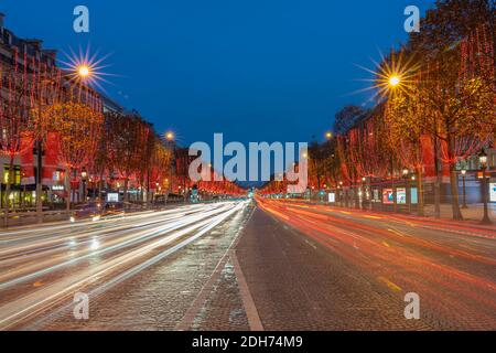 Paris,France - 12 09 2020: View of the Avenue des Champs Elysées with Christmas lights Stock Photo