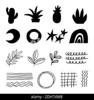 Doodle geometric abstract trendy contemporary black shapes. Vector hand drawn monochrome elemens for kids fabric textile Stock Vector