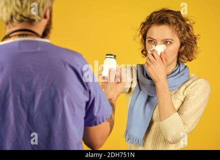 Instruction taking medicines. Doctor prescribing treatment. Consultation concept. Pneumonia treatment. Effective medicines. Girl viral disease. Medical check up. Doctor and patient at hospital. Stock Photo