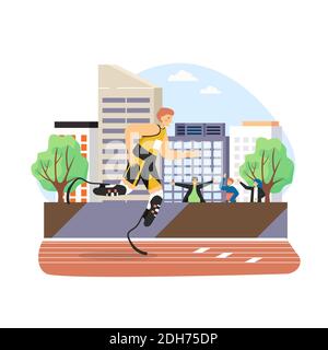Athlete with prosthetic legs running marathon, flat vector illustration. Stock Vector