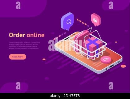 Order online shopping concept. Isometric vector of ecommerce store with shopping basket with handles, gift box and package on mobile phone screen. App by smartphone, landing page template, web banner. Stock Vector