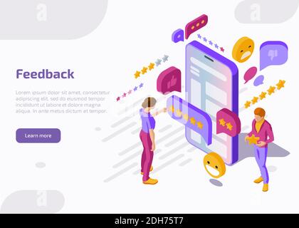 Feedback isometric landing page. Customers stand at huge smartphone screen leaving review and put stars in mobile app. Clients evaluate service or product. 3d vector illustration, web banner. Stock Vector