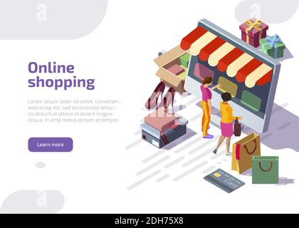 Online shopping isometric landing page, customers purchasing in digital store. Women choose goods at huge computer with internet market platform. Buyer use shop app on computer. 3d vector web banner. Stock Vector