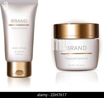 Cosmetic package realistic vector set. White jar, tube with golden lid and with reflection isolated on white background. Brand containers for organic cosmetics, natural product face cream, body lotion Stock Vector