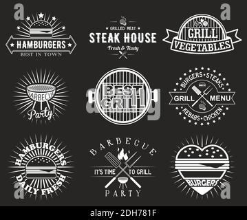 White bbq grill logo, label, badge, emblem set, vector illustration. Barbecue party, steak house vintage logos. Stock Vector