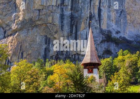 Lauterbrunnen church tower, Switzerland Stock Photo