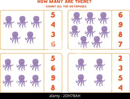 Octopus Exercise Math game worksheet with underwater sea animals like octopus, seahorse ...