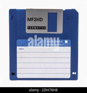The front of an blue floppy disk, isolated on a white background. Close up Stock Photo