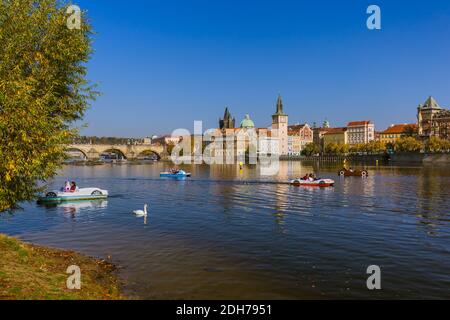 Prague, Czech Republic - October 17, 2017: People boating on the Vltava in center of Prague Stock Photo