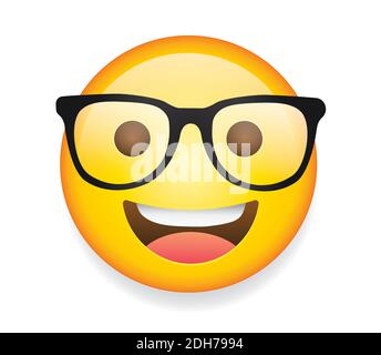 High quality emoticon on white background. glasses emoji. Yellow face geeky emoji vector illustration. Popular chat elements. Nerd emoticon. Stock Vector