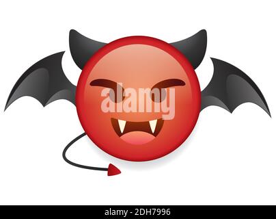 High quality emoticon smiling with horns, devil emoji isolated on white background. Red face devil emoji. Popular chat elements. Trending emoticon. Stock Vector