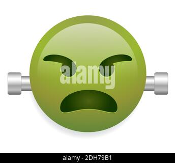 Green face with screw vector illustration on white background. Fankenstein emoji. Vector illustration in cartoon style. Stock Vector