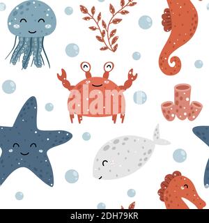 Cute childish marine seamless pattern with crab, jellyfish, seahorse, starfish, seaweed and water bubbles. Hand drawn Scandinavian style vector illust Stock Vector