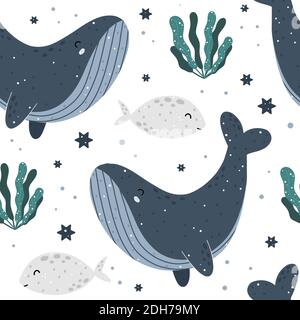 Cute childish seamless pattern with sea creatures: whale, fish and seaweed. Hand drawn Scandinavian style vector illustration. Stock Vector