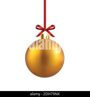 Golden Christmas ball vector illustration isolated on white background. Christmas ornament with ribbon. Christmas bauble. Stock Vector