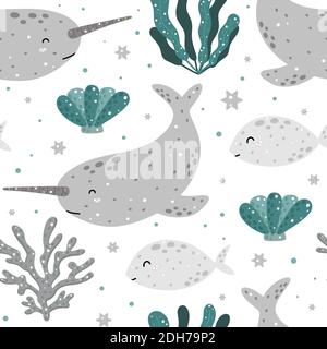 Cute marine seamless pattern with narwhal, fish, coral, shell and abstract elements. Hand drawn Scandinavian style vector illustration. Stock Vector