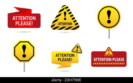 Set sign Attention please bright yellow and red ribbon text. Banner to attract attention. Vector illustration. Design with attention please, for poste Stock Vector