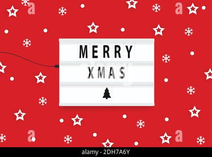 Merry Christmas red background. Light box vector illustration. White snow flakes and star background. Stock Vector