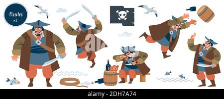 Pirate. Robber, bandit. Big pirate character in different situations. Isolated vector illustration Stock Vector