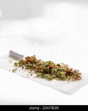 A shot of dried cannabis on a rolling paper Stock Photo