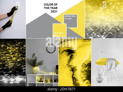 Interior, backgrounds and textures. Collage demonstrating trendy colors 2021 - Gray and Yellow. Stock Photo