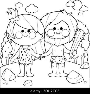 Prehistoric landscape with cavemen couple. Vector black and white coloring page Stock Vector