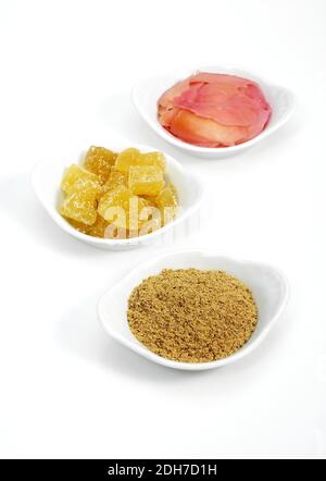 Ginger, zingiber officinale, Powder, Marinated and Crystallised against White background Stock Photo