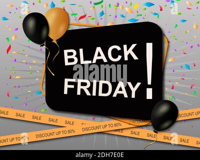 Black Friday shopping poster. Sale discount banner with orange and black balloons and enclosing tape Stock Photo