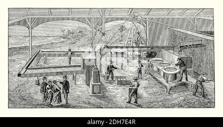 An old engraving of Aschenbrenner’s ‘improved sugar-making process’ of 1873. It is from a Victorian book of the 1880s. Dr Aschenbrenner designed this to refine cane sugar in Cuba and the Caribbean into crystal form without using molasses. In this plant a through (far right) provides the juice from crushed canes. It runs through a strainer. The liquid is then drawn off into the steam kettles (centre right). Juice is filtered again and is pumped into a case – the furnace bleaches it before it runs down into steam-heated, evaporation throughs (left), leaving the sugar crystals to be collected. Stock Photo