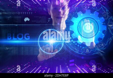 Business, technology, internet and networking concept. Young businessman working on the virtual screen of the future. Blue background Stock Photo