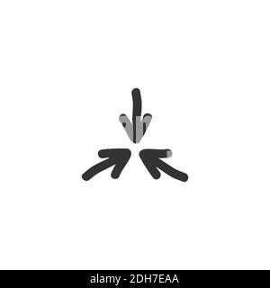 Three black hand drawn arrows point to the center. Triple Collide Arrows icon. Merge Directions icon. Vector illustration. Isolated on white. back and Stock Vector