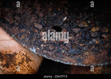 Shallow depth of field (selective focus) image with a very rusty metal pipe. Stock Photo