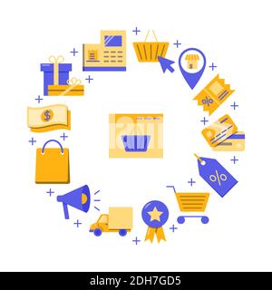 Online store round concept banner in flat style. Mobile business poster with internet commerce symbols. Vector illustration. Stock Vector