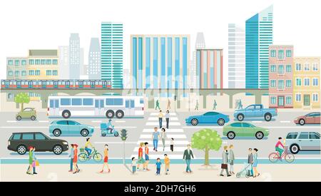 City with road traffic, skyscrapers, apartment buildings and pedestrians on the sidewalk, illustration Stock Vector