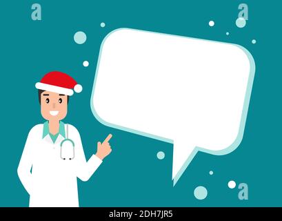 Man doctor with speech bubble and Christmas hat on blue background. Winter precautions list. Check yourself. Holidays Medical internet consultation. H Stock Vector