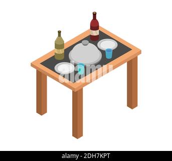 Isometric Kitchen Table On A White Background Vector Graphic Illustration. Stock Vector