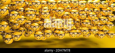 3d render of a large group of emoji smileys with a nerd face with eyeglasses. Web banner size. Stock Photo