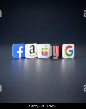 Logos of the so called FAANG shares on a dark background. The tech giants Facebook, Amazon, Apple, Netflix, Google / Alphabet. Stock Photo
