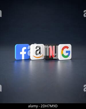 Logos of the so called FANG shares on a dark background. The tech giants Facebook, Amazon, Netflix, Google / Alphabet. Stock Photo