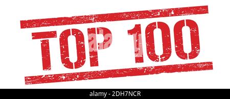 TOP 100 text on red grungy rectangle stamp sign. Stock Photo