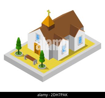 Isometric Church Illustrated Vector Graphic Illustration. Stock Vector