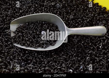 A metal scoop rests among many small screws, capturing the detail and texture of industrial hardware in a workshop or supply setting. Stock Photo