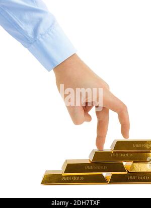 Hand and stairs made of gold bars Stock Photo