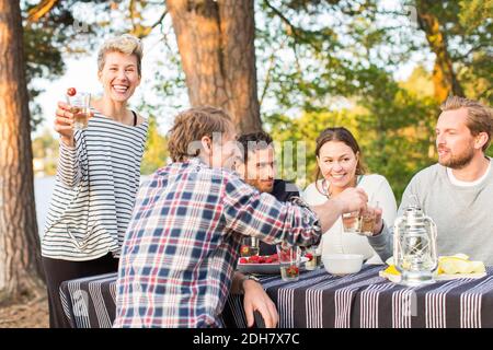 Portrait of happy woman holding beer glass while standing by friends having lunch at picnic table Stock Photo