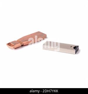 Two old USB flash drives isolated on a white background. Close up Stock Photo