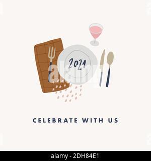 Happy New Year 2021 greeting card. Festive table setting. Holiday party invitation. Vector illustration background. Glass of wine, plate and kitchen Stock Vector