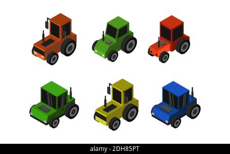 Set Of Isometric Tractors Vector Graphic Illustration. Stock Vector