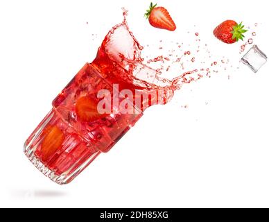 strawberry and ice cube spilling out of a flying cocktail isolated on white Stock Photo