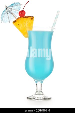 blue cocktail garnished with pineapple, cherry, umbrella and drinking straw, on white background Stock Photo